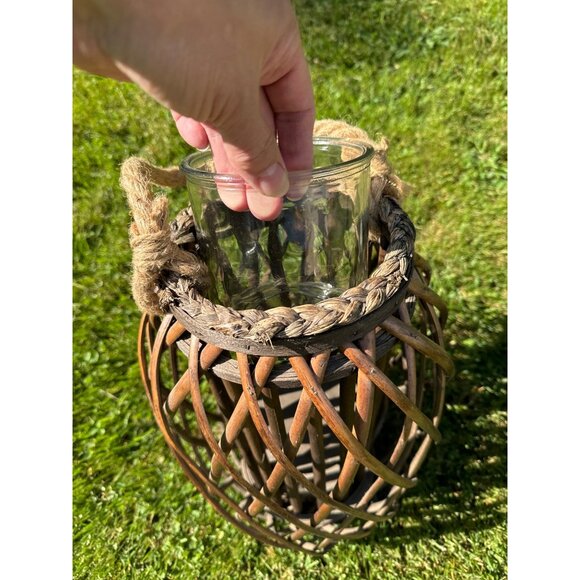 Rustic Boho MCM Bamboo Rattan Whicker & Glass Lantern With Rope Handle 16" Tall - Picture 2 of 15